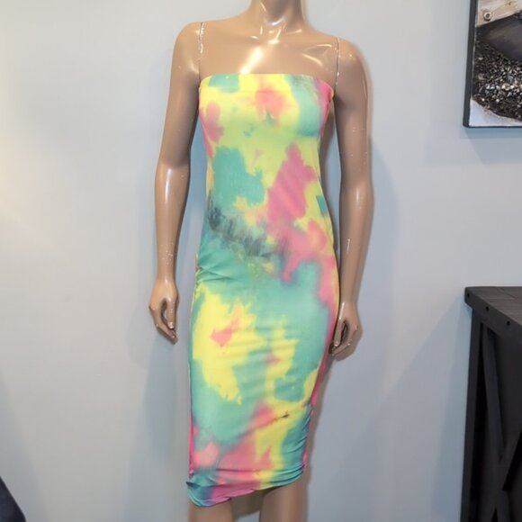 3/$20 Revamped Neon Tye Dye Tube Dress Strapless Bodycon Gauze Mesh - Picture 14 of 14